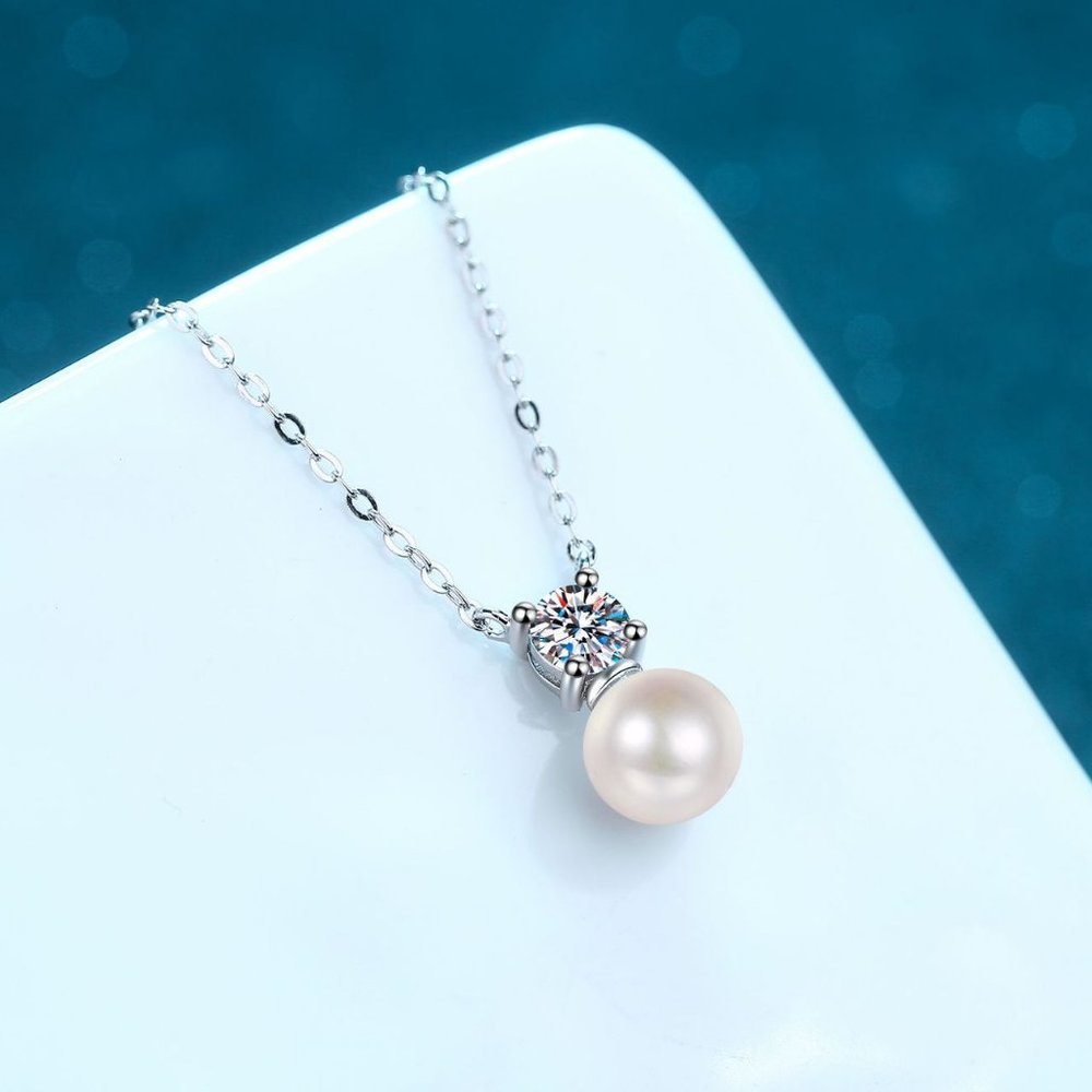 Certified 1/2ct. t.w. Diamond Moissanite Fresh Water Pearl Necklace NEW - Picture 3 of 8